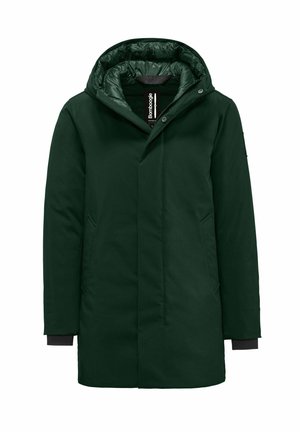 Dark green, mid-length coat with a hood, featuring a quilted inner lining, two side pockets, and elastic cuffs for warmth and comfort.