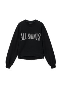 Sort langærmet sweatshirt med ribbede ærmekanter og "ALLSAINTS" i store hvide bogstaver på brystet.