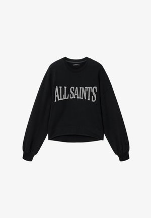 Zwarte longsleeve trui met geribbelde manchetten en "ALLSAINTS" in grote witte letters over de borst.