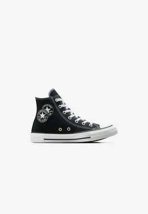 Zapatillas altas de lona negras con suela de goma blanca, que presentan cordones blancos, ojales plateados y un logo circular en el tobillo exterior.