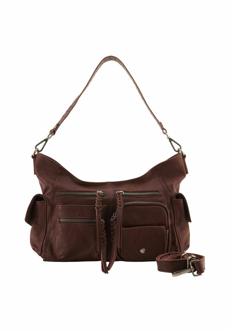 Sac en cuir brun avec plusieurs poches zippées et à pression, tirettes de zip tressées, et une bandoulière détachable enroulée à côté.