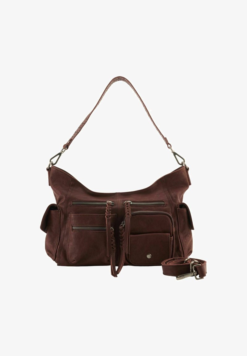 Sac en cuir brun avec plusieurs poches zippées et à pression, tirettes de zip tressées, et une bandoulière détachable enroulée à côté.