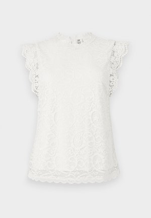 Λευκό αμάνικο δαντελένιο μπλουζάκι με κυματιστά άκρα και λουλουδάτο σχέδιο, με ψηλό γιακαδάκι και λεπτά δαντελένια μανίκια.