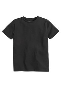 Svart kortärmad t-shirt i bomull, med rund halsringning och en jämn, enfärgad yta utan mönster eller dekorationer.