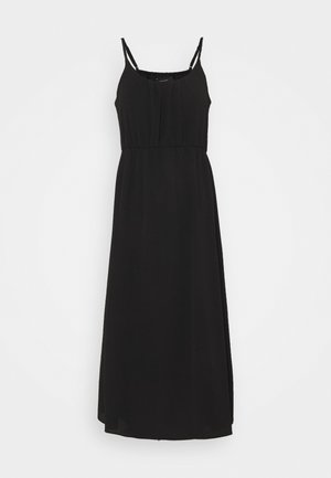Robe maxi noire avec des bretelles spaghetti réglables et une taille froncée. Tissu léger avec une texture lisse et une silhouette évasée.