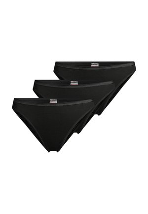 Three black low-rise women's briefs stacked diagonally with small branded tags on the waistband against a white background.