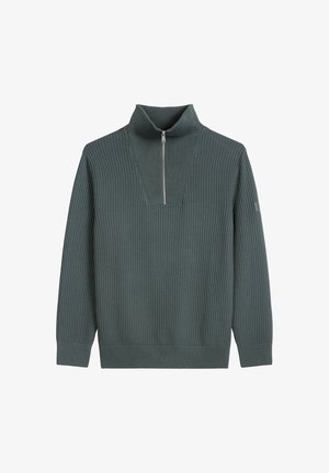 Dunkelgrüner, gerippter Strickpullover mit langen Ärmeln, hohem Kragen und vorderer Halbreißverschluss.