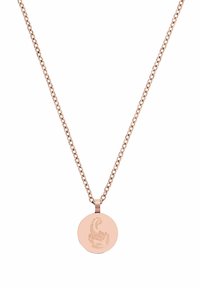 Roséguldhalsband med en rund hänge som har ett skorpionmönster; kedjan har små sammanlänkade länkar och är cirka medellång.