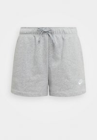 Shorts en coton gris avec une taille élastique, un cordon de serrage et un petit logo Nike blanc sur le bas de la jambe gauche. Texture douce, coupe décontractée.