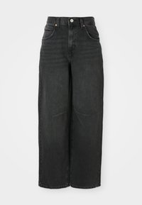Black wide-leg jeans made of denim. High waist with a button closure and belt loops. Features front pockets and visible stitching details.