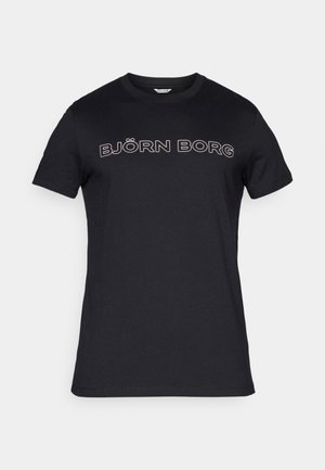 Schwarzes Baumwoll-T-Shirt mit kurzen Ärmeln, rundem Halsausschnitt und dem Text "BJÖRN BORG" in weißen umrandeten Buchstaben über der Brust.