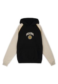 Felpa con cappuccio nera e beige con tasca a marsupio, cappuccio con coulisse e logo con scritta "PEGADOR". Presenta maniche raglan a contrasto e tessuto morbido.