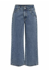 Jeans de pierna ancha hechos de denim azul claro. Incluyen una cintura alta, cuatro bolsillos y detalles de costura visibles a lo largo de las costuras.