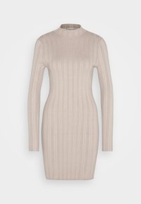 Vestito a maglia a coste color beige chiaro, con maniche lunghe, scollatura alta e una silhouette aderente. Texture liscia e design alla lunghezza del ginocchio.