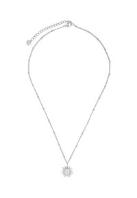 Srebrny naszyjnik łańcuszkowy z zawieszką w kształcie słońca, z ostrymi promieniami, teksturowanymi detalami oraz zapięciem z regulowanym przedłużeniem.