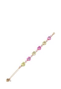 Bracelet en argent en forme de cœur avec des perles roses et vertes ornées de phrases, quincaillerie dorée et cristaux transparents. Chaîne réglable avec fermoir.