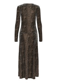 Langärmeliges, bodenlanges Kleid mit braunem und schwarzem Leopardenmuster, von hinten gezeigt.