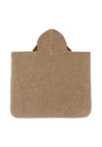 Serviette à capuche marron de forme rectangulaire avec des coins arrondis, conçue pour les enfants, posée à plat sur un fond blanc.