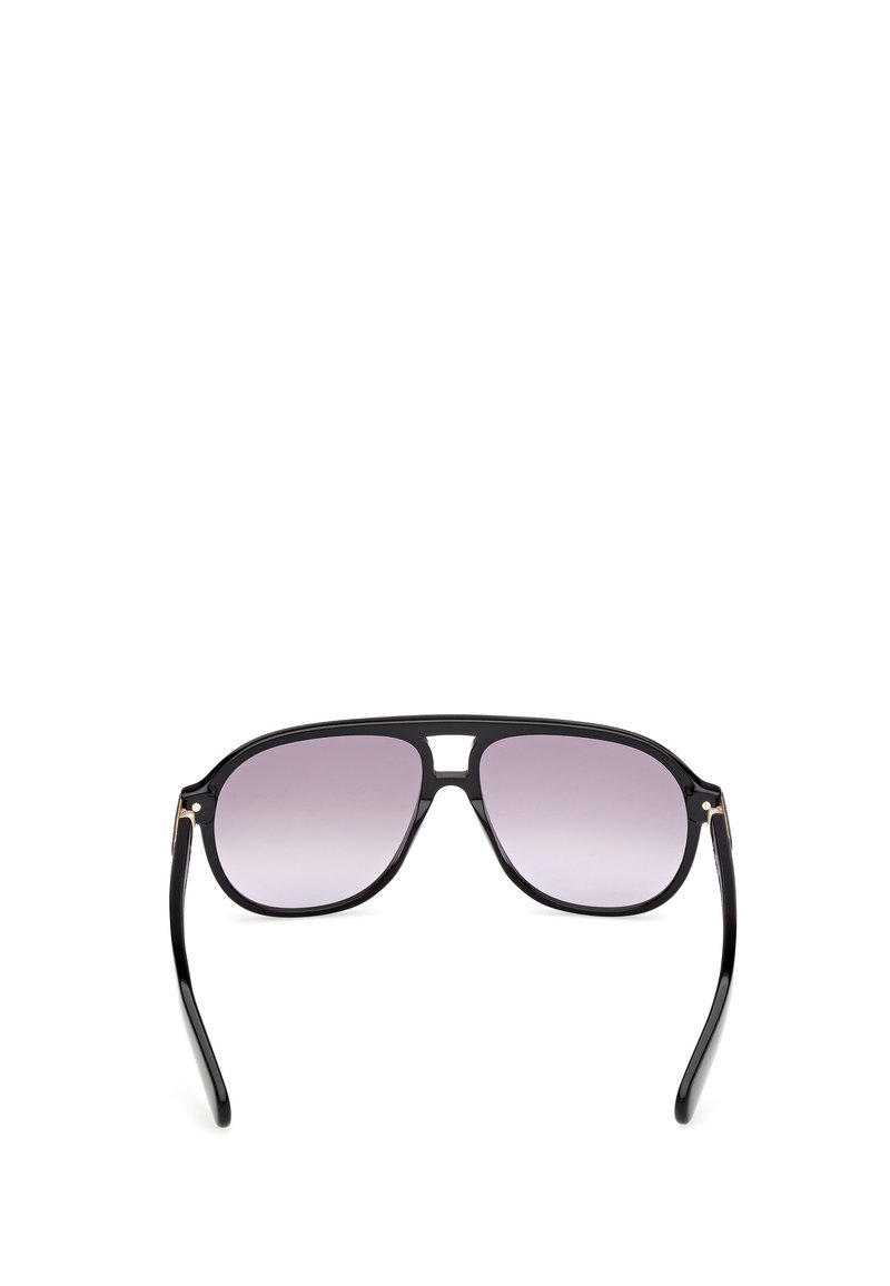 Sorte aviator-solbriller med gradient lila linser, slanke metalliske accenter og elegante, buede arme. Glat plastikramme, minimalistisk design.