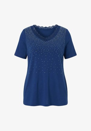 Granatowy krótki top z krótkim rękawem, z dekoltem w serek wykończonym koronką oraz rozsianymi na przodzie małymi srebrnymi ćwiekami.