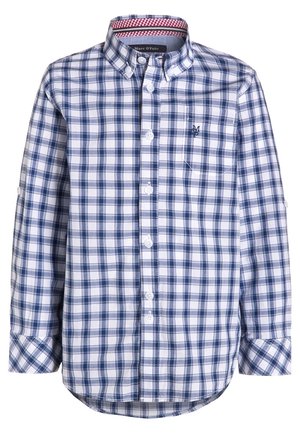 Blue and white checkered button-up shirt with a collar, long sleeves, and a small chest pocket featuring embroidered logo detail.