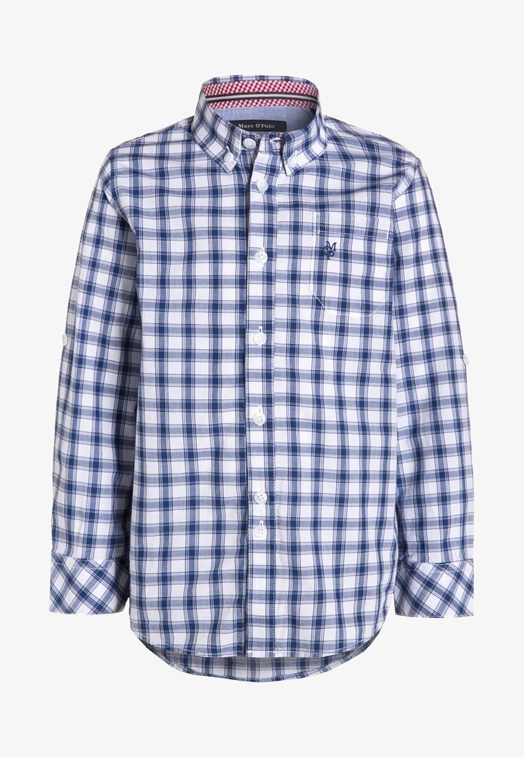 Camisa de cuadros azul y blanca con botones, cuello, mangas largas y un pequeño bolsillo en el pecho con detalle de logo bordado.