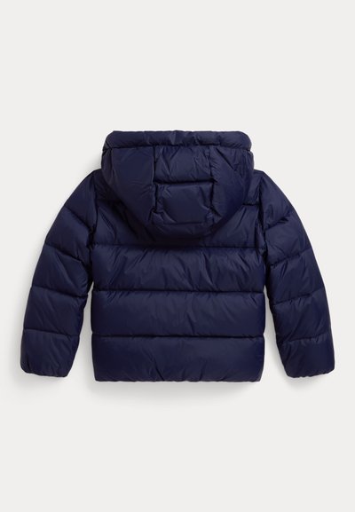 Navy blue puffer jacket with a hood, featuring a quilted design and thick padding for insulation. Elastic cuffs and a smooth exterior texture.
