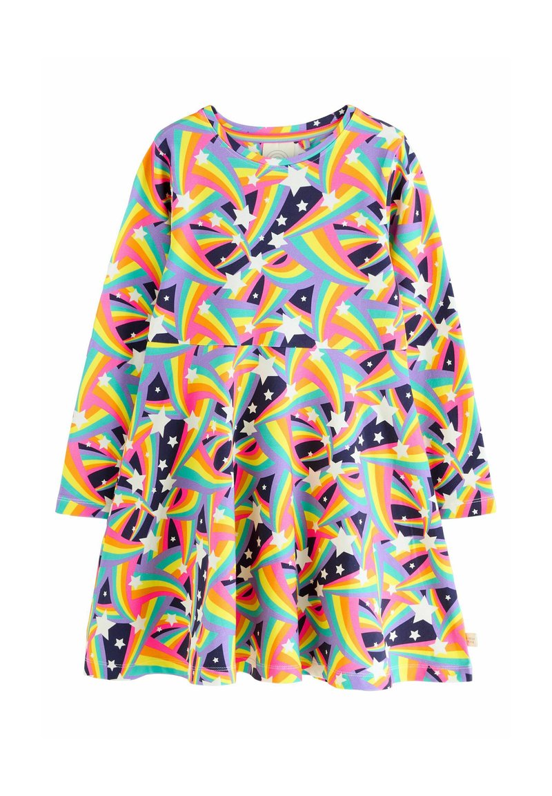 Langärmliges Kleid aus dehnbarem Stoff mit einem mehrfarbigen Regenbogen- und Sternmuster auf einem dunkelvioletten Hintergrund. Ausgestellter Rock.