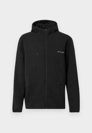 Schwarzer Kapuzenpullover mit durchgehendem Reißverschluss, Columbia-Logo auf der Brust, Fronttaschen mit Reißverschluss und verstellbarer Kapuze vor einfarbigem Hintergrund.