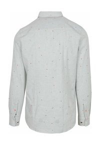 Lange mouwen shirt in lichtgroen met witte strepen, voorzien van verspreide multikleurrige stippen. Met knoopsluiting bij de manchetten en een klassieke kraag.