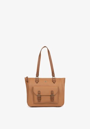 Borsa tote in pelle color cuoio chiaro con doppia tracolla e tasca frontale con pattina chiusa da due fibbie.