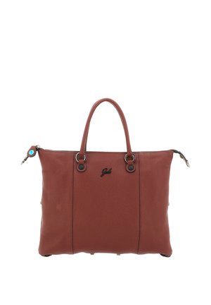 Borsa a mano in pelle marrone con due manici, chiusura con zip e piccolo logo decorativo al centro della parte anteriore.