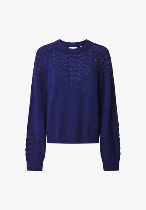 Tumedast sinise värviga kootud sviiter, ümar kaelus, keeruline avatud muster varrukatel ja kehavorul, ning soonikkoes mansetid ja äär.