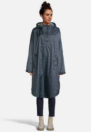 Long, hooded raincoat in dark gray with a geometric leaf pattern. Made of waterproof material with a relaxed fit and side pockets.
