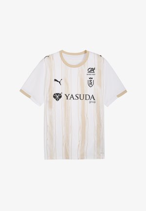 White short-sleeve football jersey with gold vertical stripes, round collar, Puma logo, and black printed sponsor details.