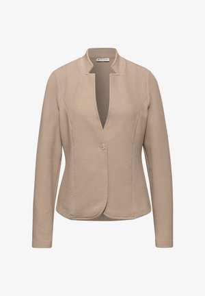 Blazer beige texturé avec un décolleté en V, fermeture à un bouton, manches longues et design ajusté. Présente des détails de couture subtils.