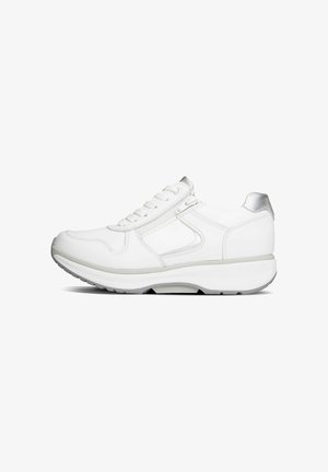White sneaker with smooth synthetic upper, silver accents at the heel, rounded toe, and a cushioned sole. Laces and zipper closure included.