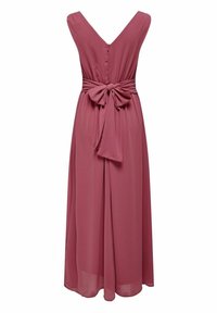 Robe longue mauve sans manches avec un dos en V profond et une large ceinture nouée en nœud au centre du dos.