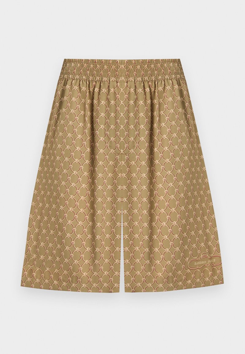 Beige knielanger Rock mit pinkem, ineinandergreifendem Kreis-Muster, elastischem Bund, mittigem Schlitz und "Sandro Paris"-Logo nahe dem Saum.