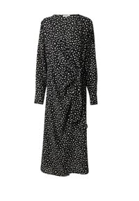 Zwarte wikkeljurk met lange mouwen, voorzien van een verspreid wit stippenpatroon en een geknoopte detail op de taille. Gemaakt van een lichtgewicht stof.