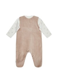 Baumwollmischung Babystrampler mit langen Ärmeln. Hellrosa Cordstoffkörper, weiße Ärmel mit Blumenmuster. Verfügt über ein fußloses Design und einen Druckknopfverschluss.
