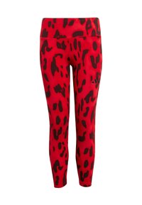 Leggings rojos con un diseño de estampado de leopardo negro, fabricados con material elástico. Incluyen una cinturilla ancha para mayor comodidad.