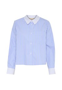 Camicia a maniche lunghe a righe blu e bianche con colletto classico, chiusura a bottoni e una singola tasca sul petto. Tessuto in cotone con una texture liscia.