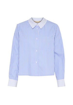 Sinise ja valge triibuline pikkade varrukate särk klassikalise kraega, nööbikinnituse ja ühe rinnataskuga. Puuvillane kangas sileda tekstuuriga.