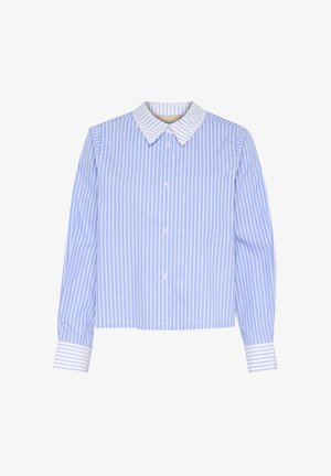 Mėlyna ir balta raišteliu dryžuota ilgomis rankovėmis marška su klasikiniu apykaklė, mygtukų uždarymu ir viena krūtinės kišenė. Medvilnės audinys su lygiu paviršiumi.