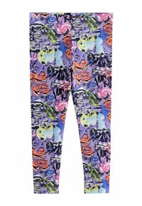 Leggings mit einem lebhaften, mehrfarbigen Print, der abstrakte Formen und graffitiartige Designs auf einem lila Hintergrund zeigt. Glatte Stoffoberfläche.