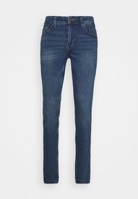Jeans de corte slim en un tono azul oscuro, fabricados en denim. Con dos bolsillos frontales, un bolsillo para monedas, un bolsillo trasero y cierre de botón y cremallera.