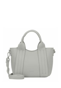 Sac à main en cuir gris avec poignées doubles, bandoulière amovible, texture lisse et accents cousus. Présente le logo à l'avant.