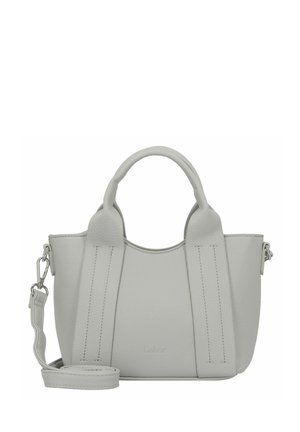 Sac à main en cuir gris avec poignées doubles, bandoulière amovible, texture lisse et accents cousus. Présente le logo à l'avant.