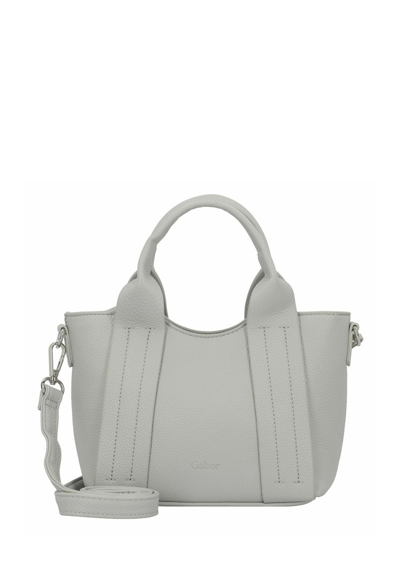 Sac à main en cuir gris avec poignées doubles, bandoulière amovible, texture lisse et accents cousus. Présente le logo à l'avant.